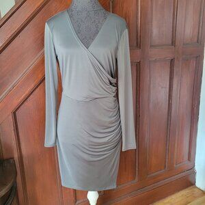 Next Question Womens Long Sleeve Wrap Dress Gray Ruched  Stretchy Knee Length Si